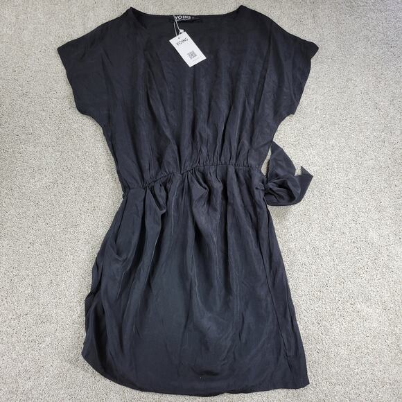 Yoins Womens Wrap Dress Large Black Tie Crewneck Short Sleeve Ruched Mini NEW - Picture 7 of 16
